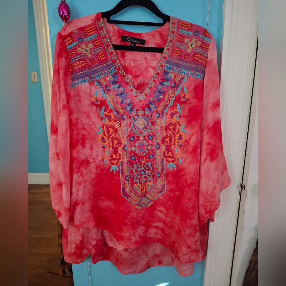 Caleoos Women's L BOHO Melon Tunic W Turquoise Blue Embroidered Front Pre